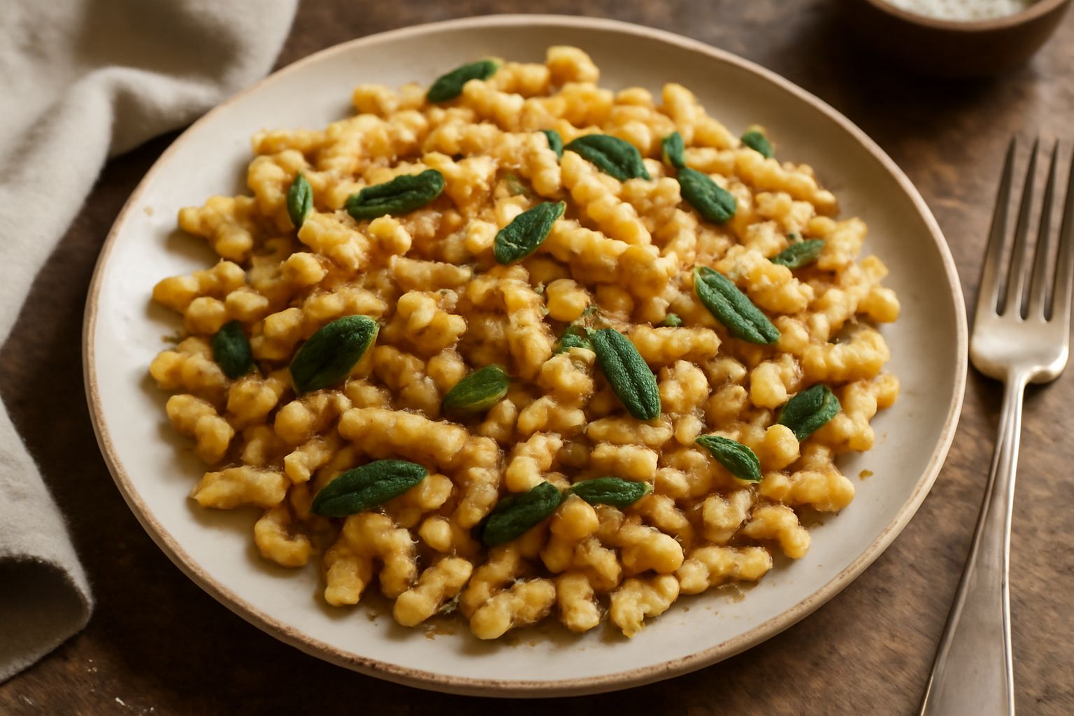 Spätzle dorati e croccanti in un piatto bianco, cospargati di aglio rosolato in olio, foglie di salvia fresca verde e grigie sulla superficie, contorno di prezzemolo tritato