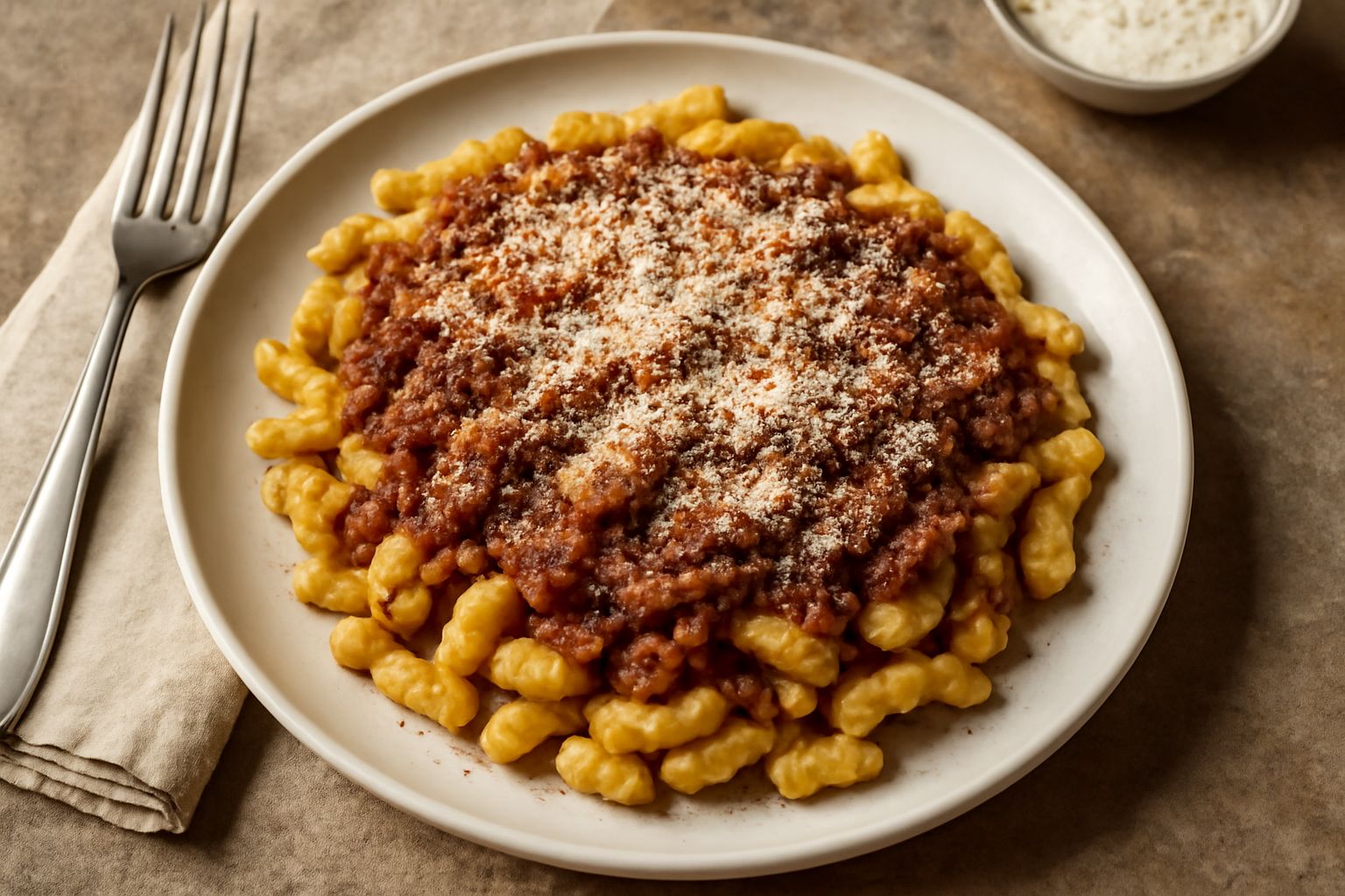 Spätzle ondulati di colore giallo pallido, ricoperti di ragù rosso scuro e parmigiano grattugiato bianco, serviti in un piatto bianco con contorno di prezzemolo fresco