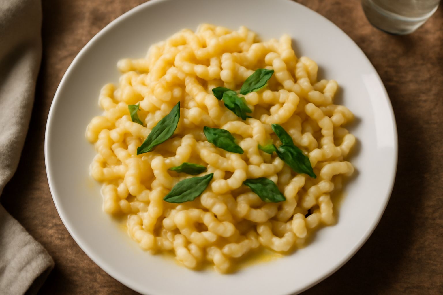 Spätzle all'uovo dorati in un piatto bianco, conditi con burro fuso e salvia fresca, con un lato guarnito di formaggio grattugiato. Sfondo scuro di legno.