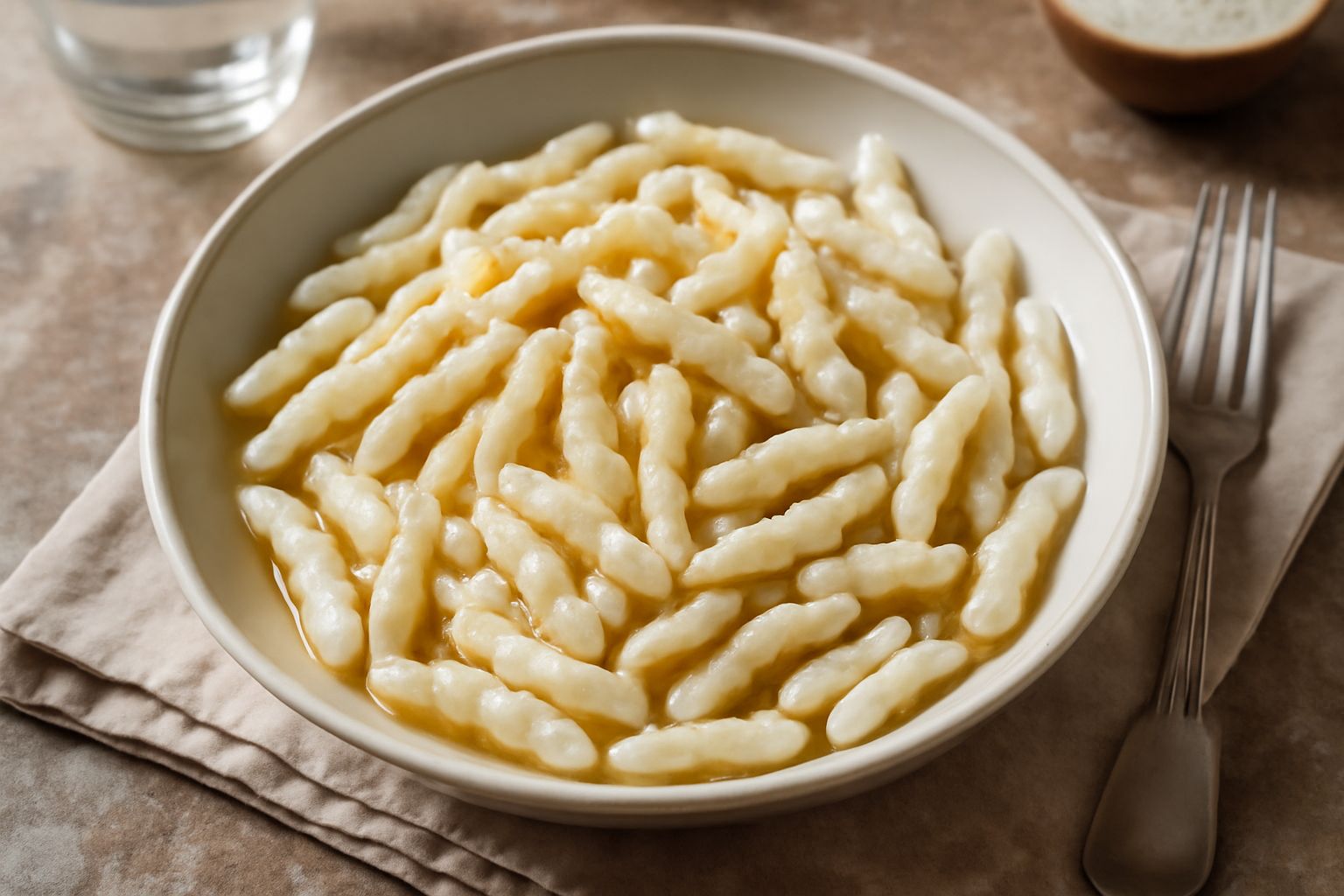 Piatto di spätzle bergamaschi caldi e dorati, conditi con burro fuso e formaggio grattugiato, guarniti di salvia fresca e pepe nero, serviti in ciotola bianca su tavolo di legno