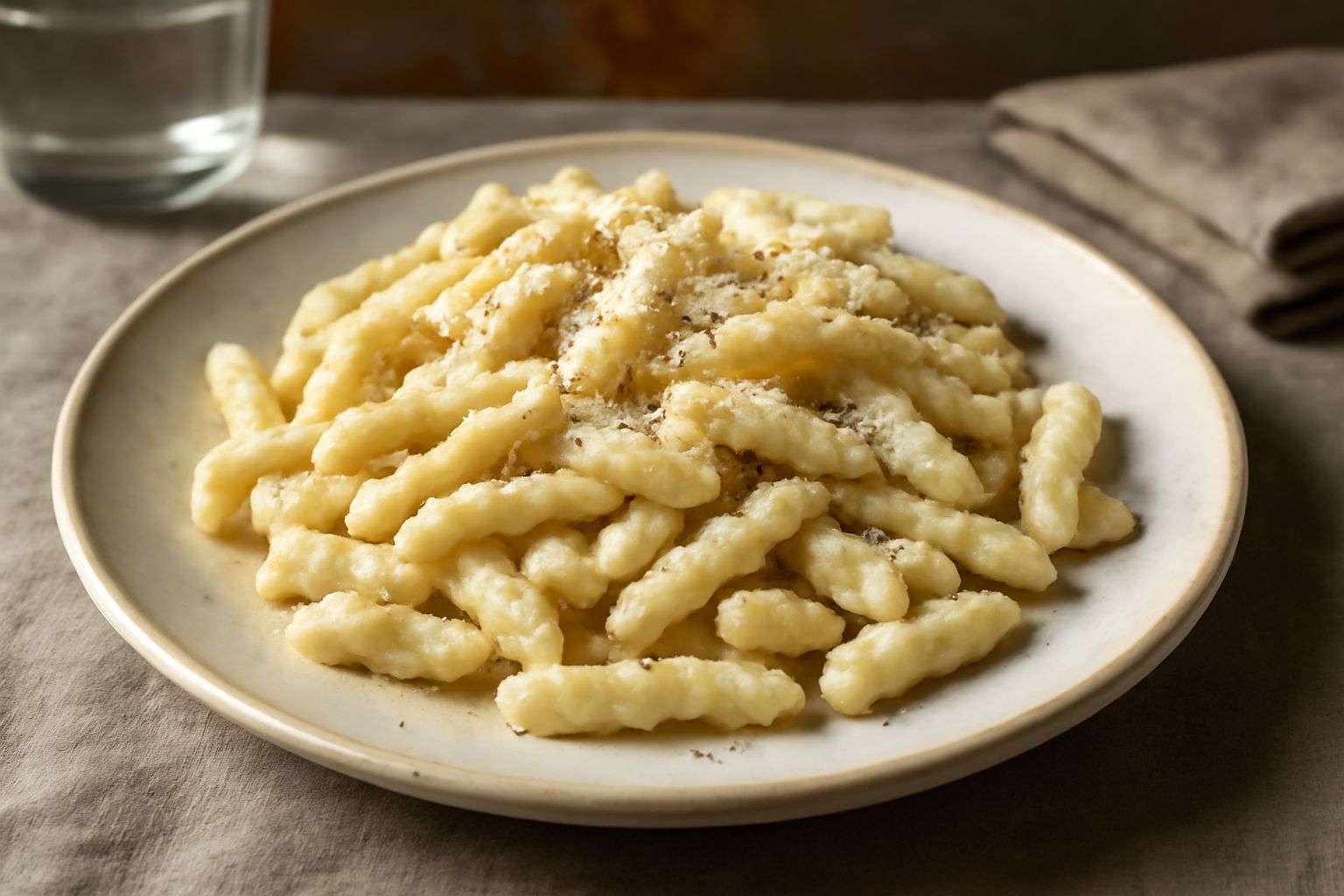 Spätzle ciociari dorati in un piatto bianco, cosparsi di parmigiano grattugiato e pepe nero, con una noce di burro fuso che scende sui lati