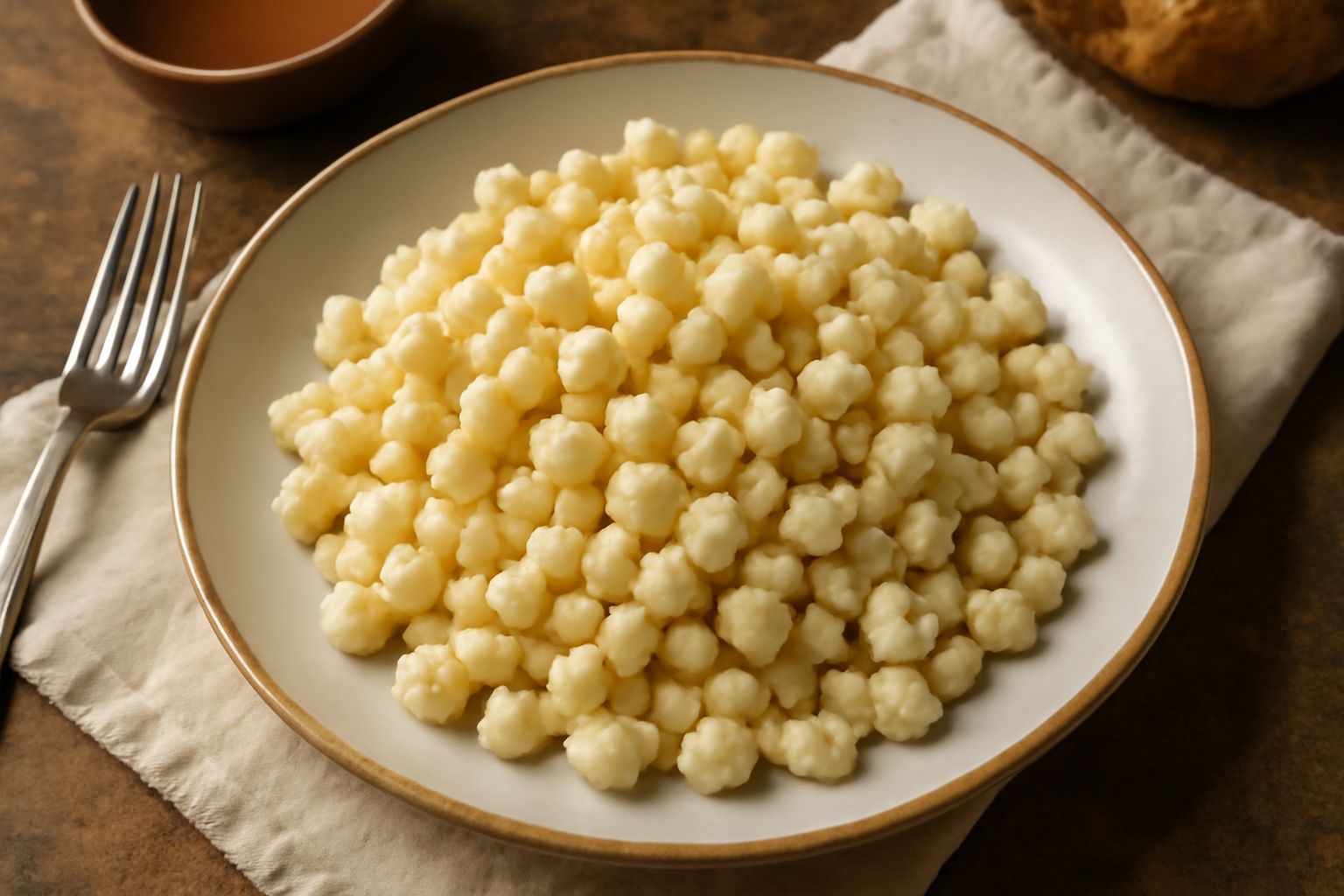 Piatto di spätzle comacini bianchi e cremosi in ciotola di ceramica bianca, conditi con burro fuso, parmigiano grattugiato e prezzemolo fresco, su tavolo di legno scuro