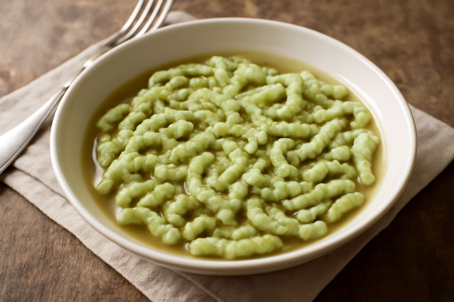 Ciotola bianca con spätzle cremosi di colore verde pallido, guarniti con parmigiano grattugiato e noce moscata, in brodo caldo trasparente, con un cucchiaio di legno accanto