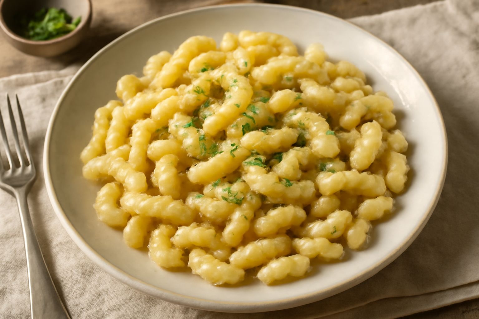 Piatto bianco con spätzle dorati leggermente ondulati, spolverati di formaggio grattugiato e erba cipollina fresca, accompagnati da cipolla caramellata leggera
