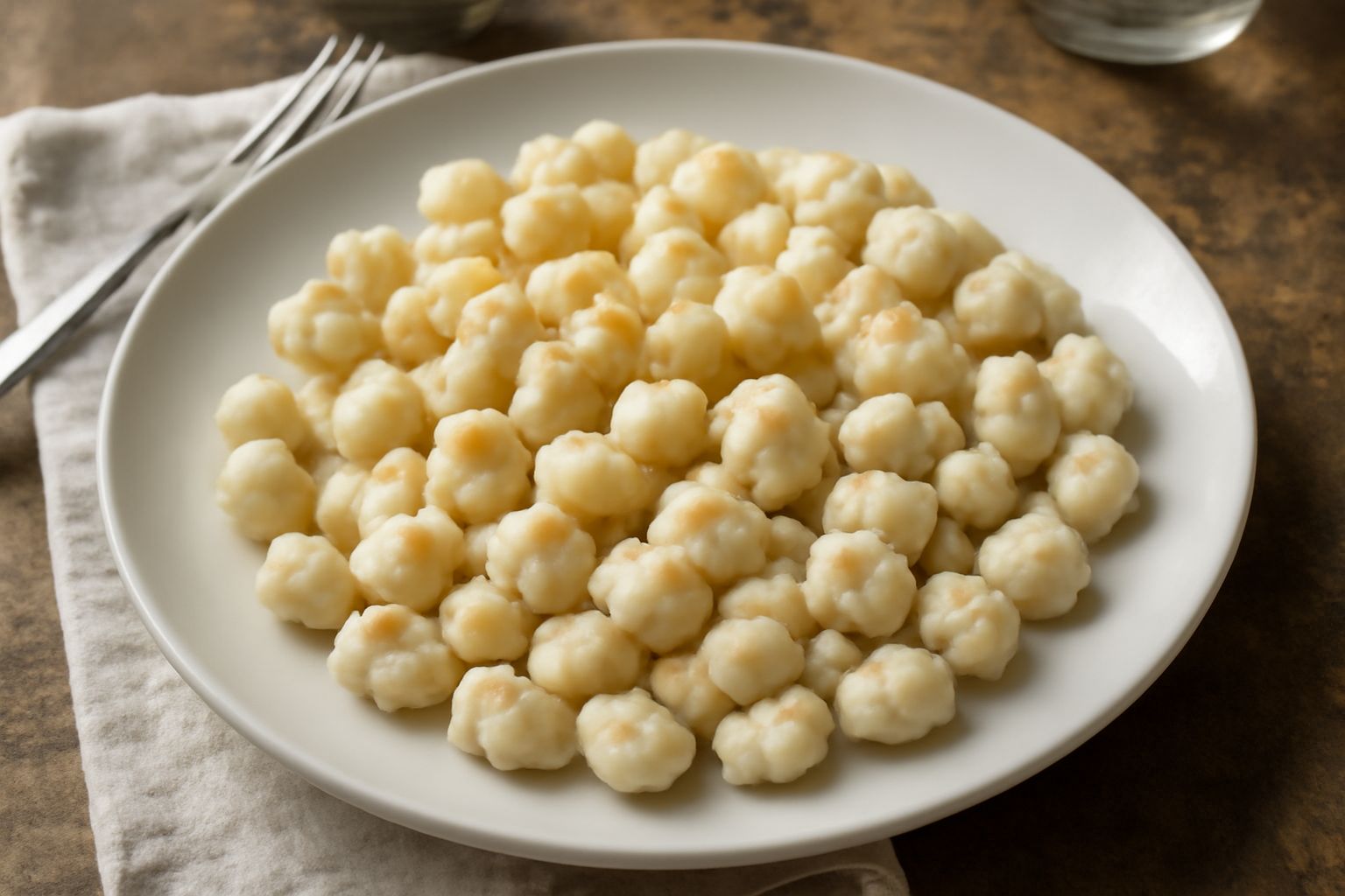 Spätzle di ricotta pieni e morbidi su un piatto bianco con burro fuso e erba cipollina fresca, vapore ancora visibile, in primo piano