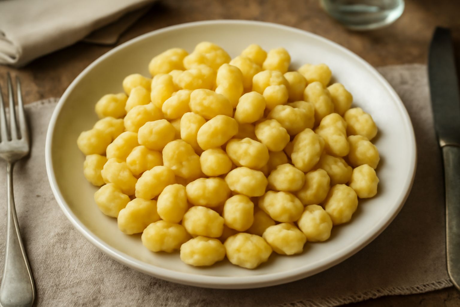 Spätzle emiliani dorati in un piatto bianco, conditi con burro fuso e prezzemolo fresco, accanto a una forchetta di legno su fondo rustico
