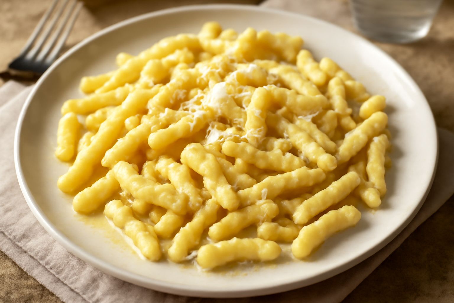 Spätzle friulane dorate in un piatto bianco, condite con burro fuso e formaggio grattugiato, con prezzemolo fresco e pepe nero visibili in superficie
