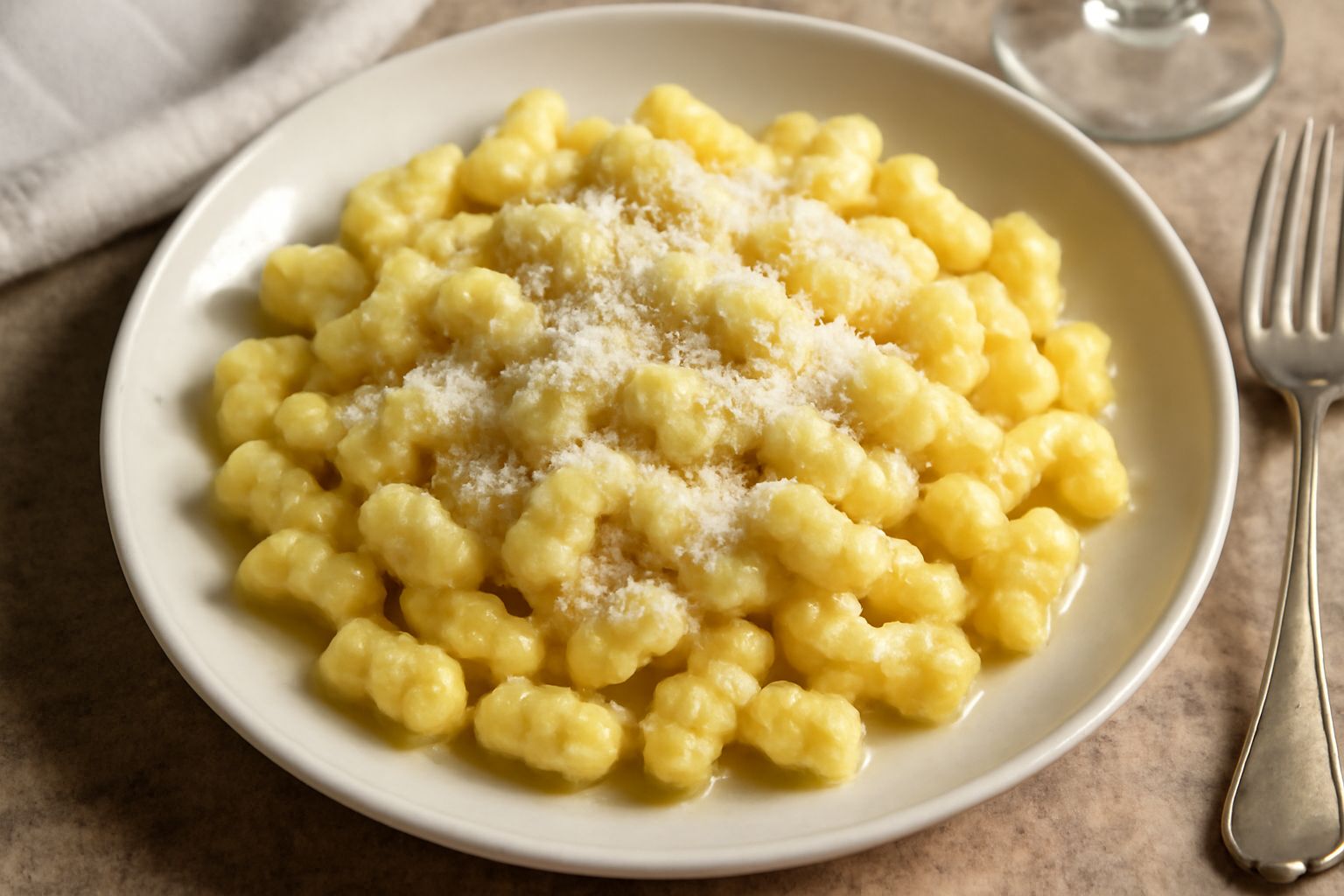 Piatto di spätzle friulani di colore giallo paglierino, morbidi e irregolari, conditi con burro dorato e formaggio grattugiato, guarniti con qualche foglia di prezzemolo fresco