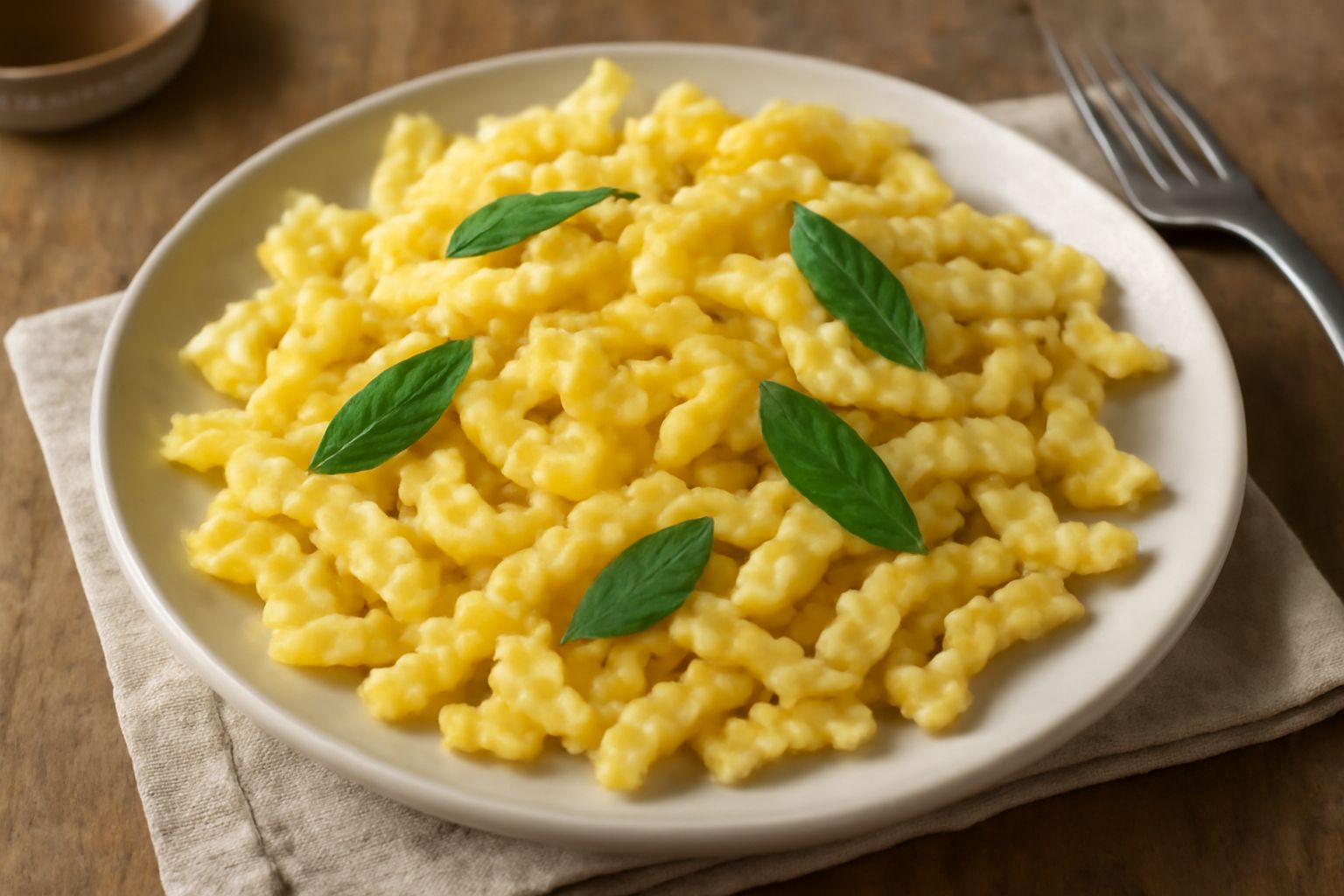 Piatto di spätzle mantovani dorati, soffici e ondulati, con burro fuso e salvia fresca, spolverati di parmigiano grattugiato, in un piatto bianco di ceramica