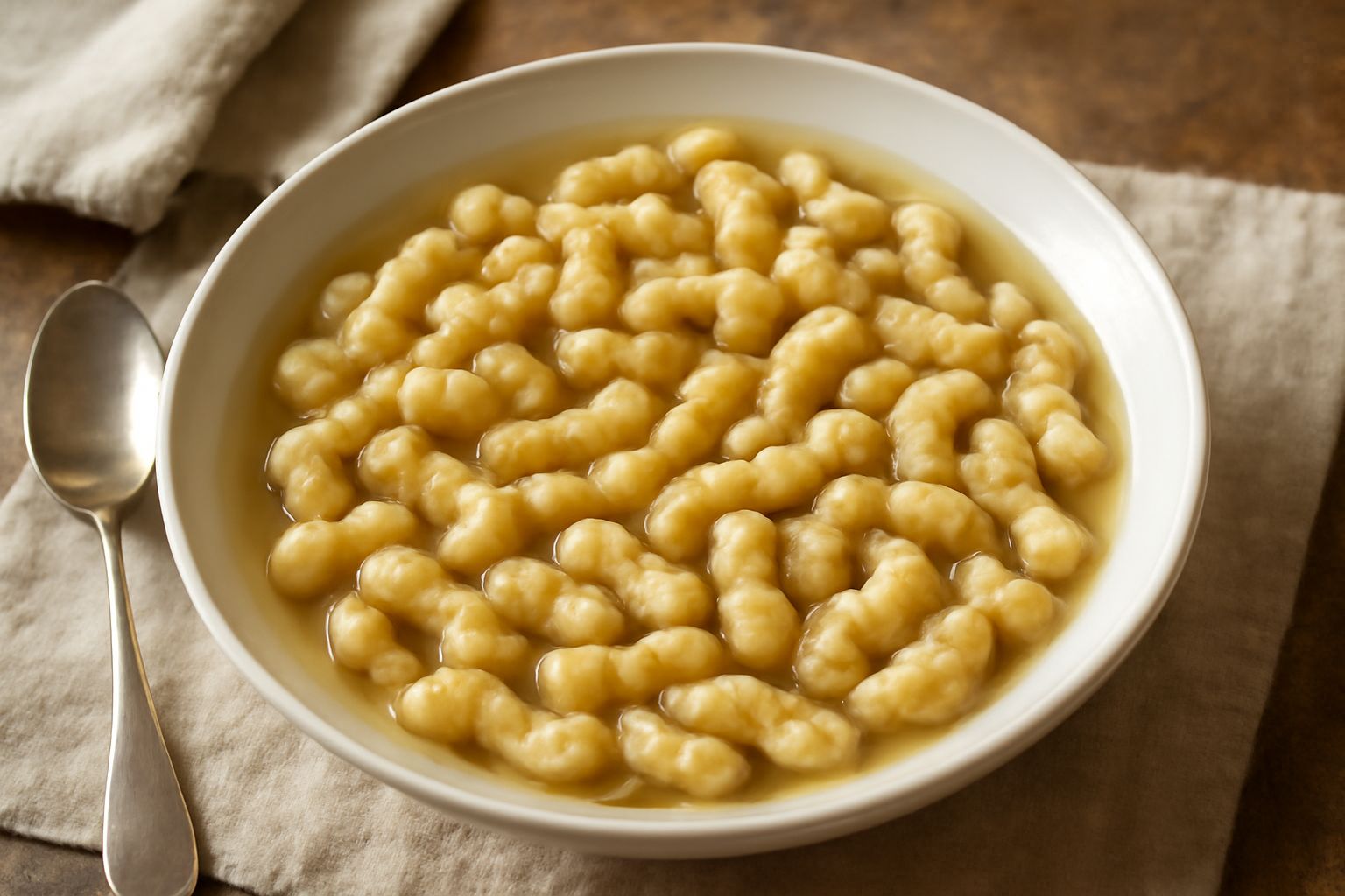 Ciotola bianca con spätzle molisani appena cotti nel brodo, filamenti dorati di pasta visibili, guarniti con prezzemolo fresco e gocce di brodo trasparente