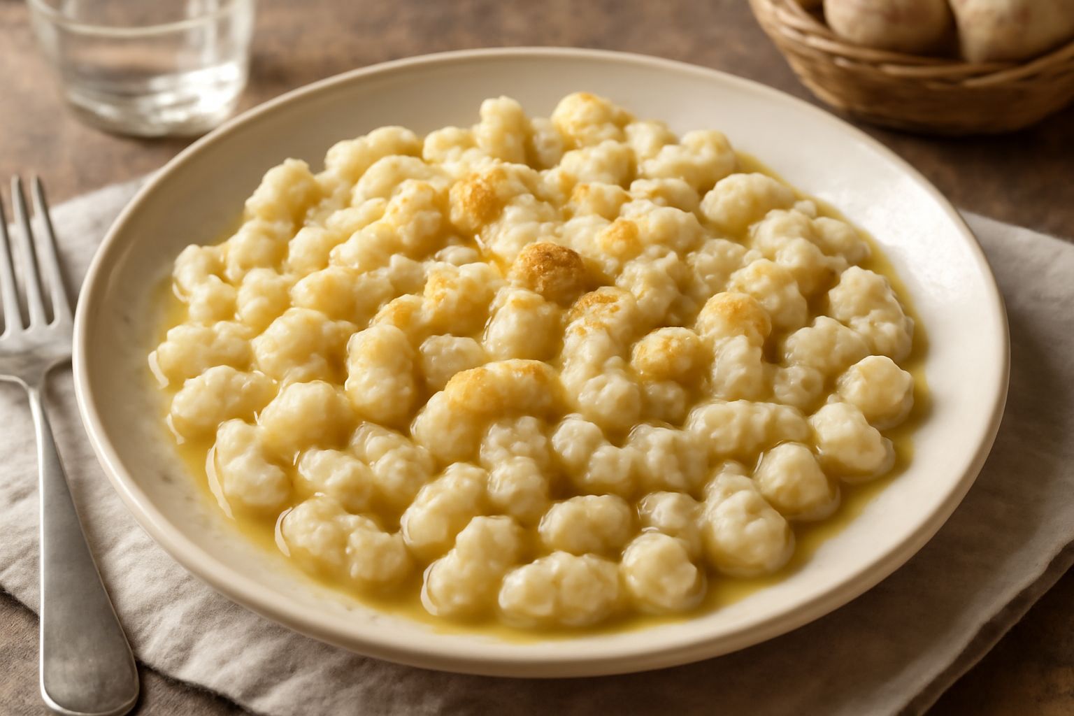 Piatto di spätzle piemontesi color crema, manteati al burro fuso e cosparsi di formaggio grattugiato, disposti in pila nel centro di un piatto fondo bianco, con burro che scivola ai lati