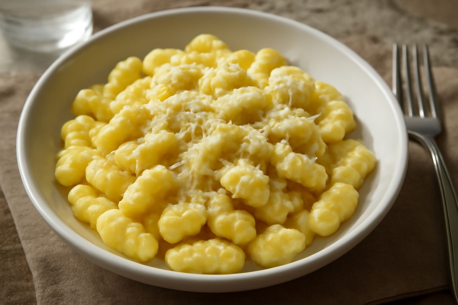 Piatto di spätzle riminesi cremosi con burro dorato e formaggio grattugiato, guarniti con prezzemolo fresco, serviti in una ciotola bianca rotonda