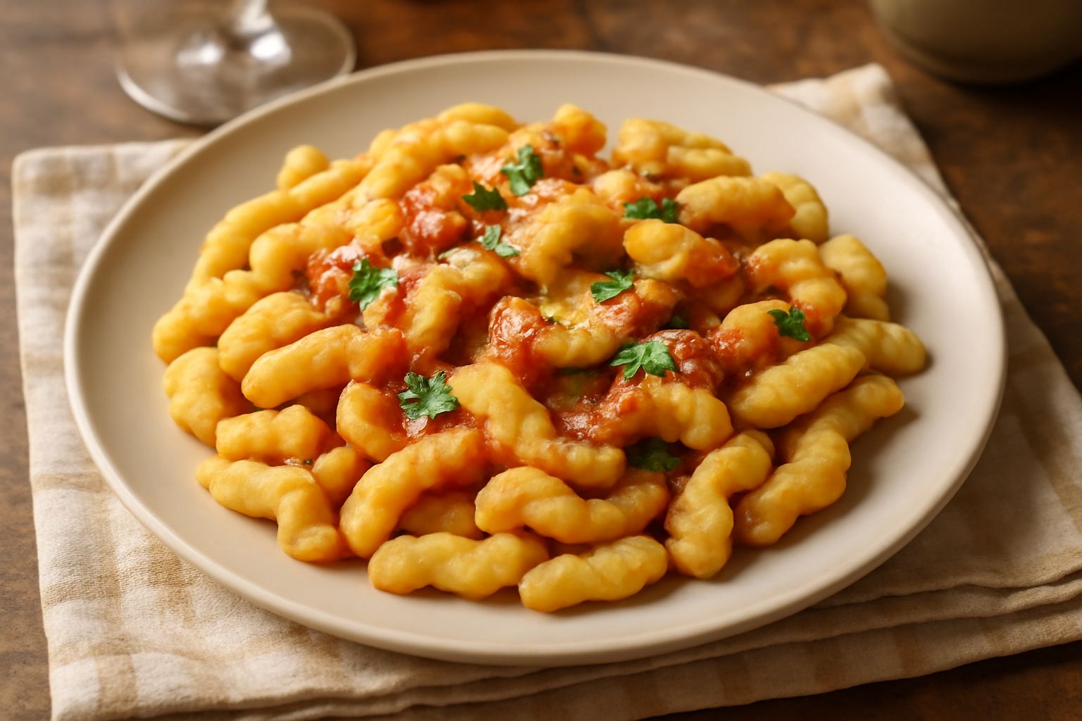 Spatzle toscani dorati in un piatto bianco, conditi con sugo di carne e parmigiano grattugiato, guarniti con prezzemolo fresco