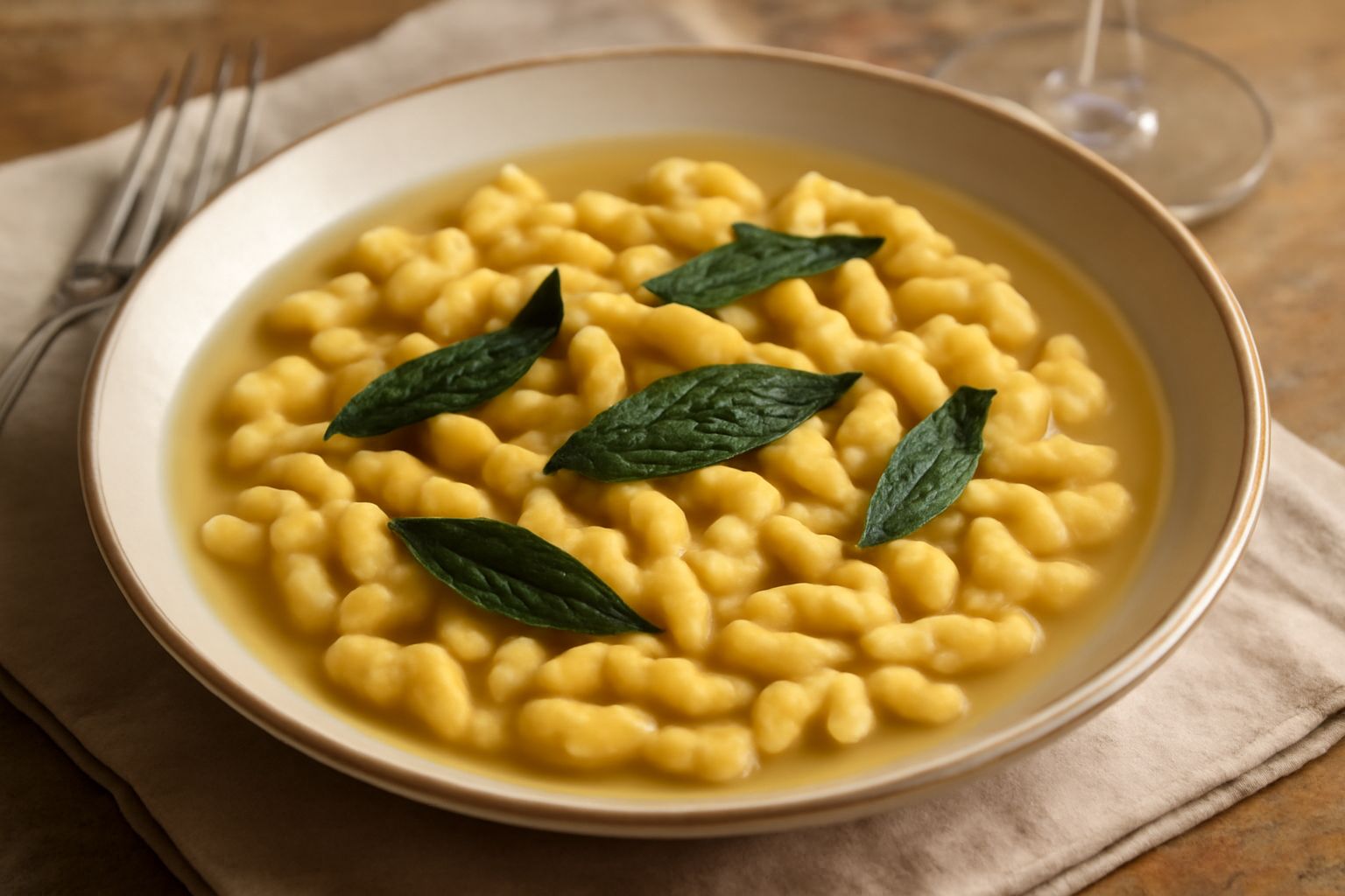 Spätzle triestini dorati in una ciotola bianca, cosparsi di parmigiano grattugiato e salvia fritta, con burro fuso versato sopra, su sfondo di legno chiaro