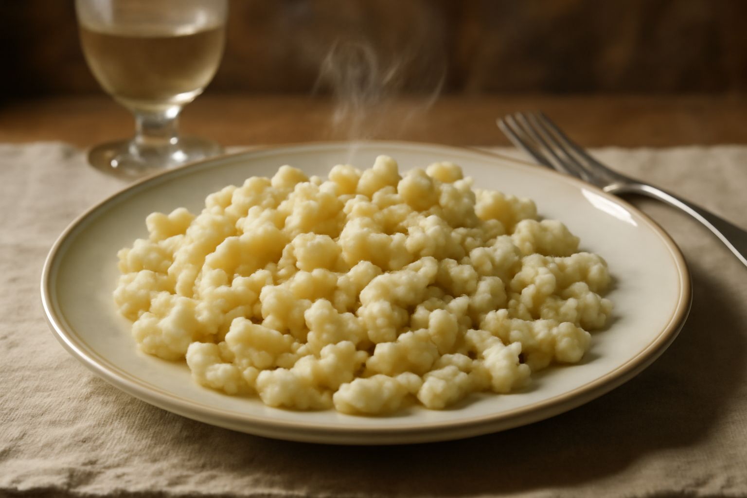 Spätzle venete fumanti in un piatto bianco, condite con burro fuso, formaggio grattugiato e prezzemolo fresco, con cucchiaio e forchetta sul tavolo