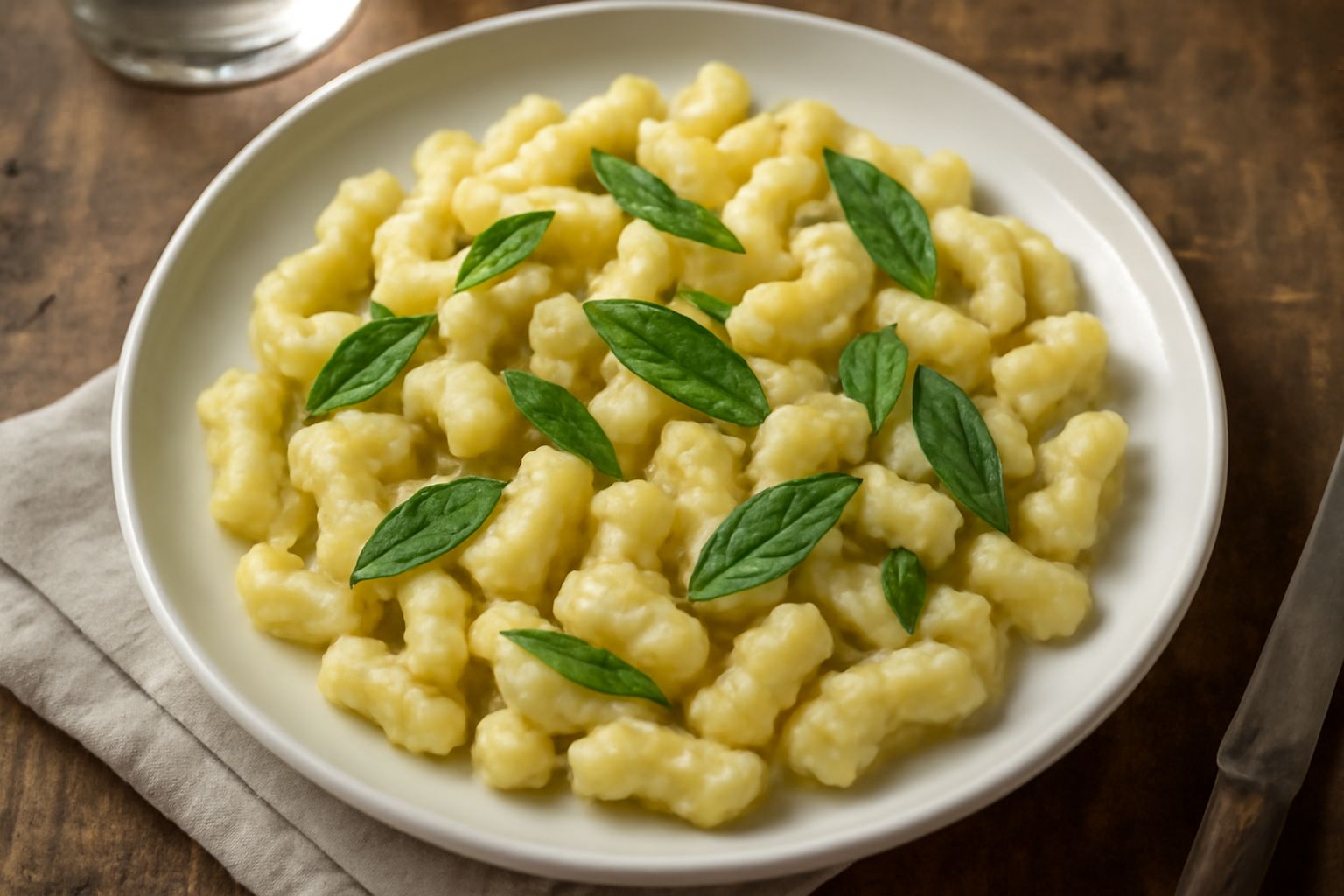 Piatto bianco con spatzli gialli e cremosi, ricoperti di burro fuso lucido, foglioline verdi di salvia fresca sparse in superficie, contorno del piatto pulito