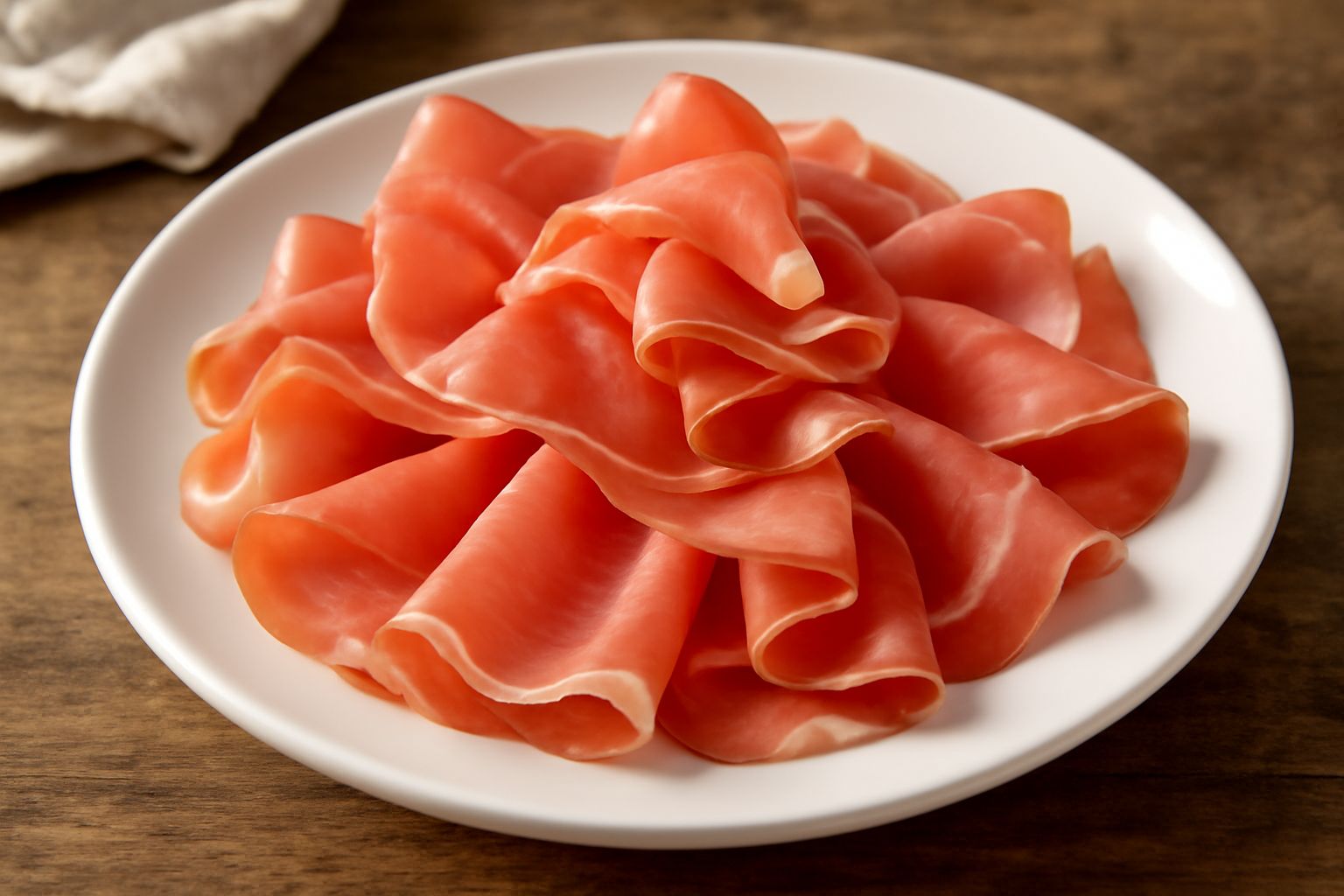 Fette di speck rosa rubino arrotolate su un piatto bianco con pane tostato e melone fresco, contornate da un filo d'olio extra vergine