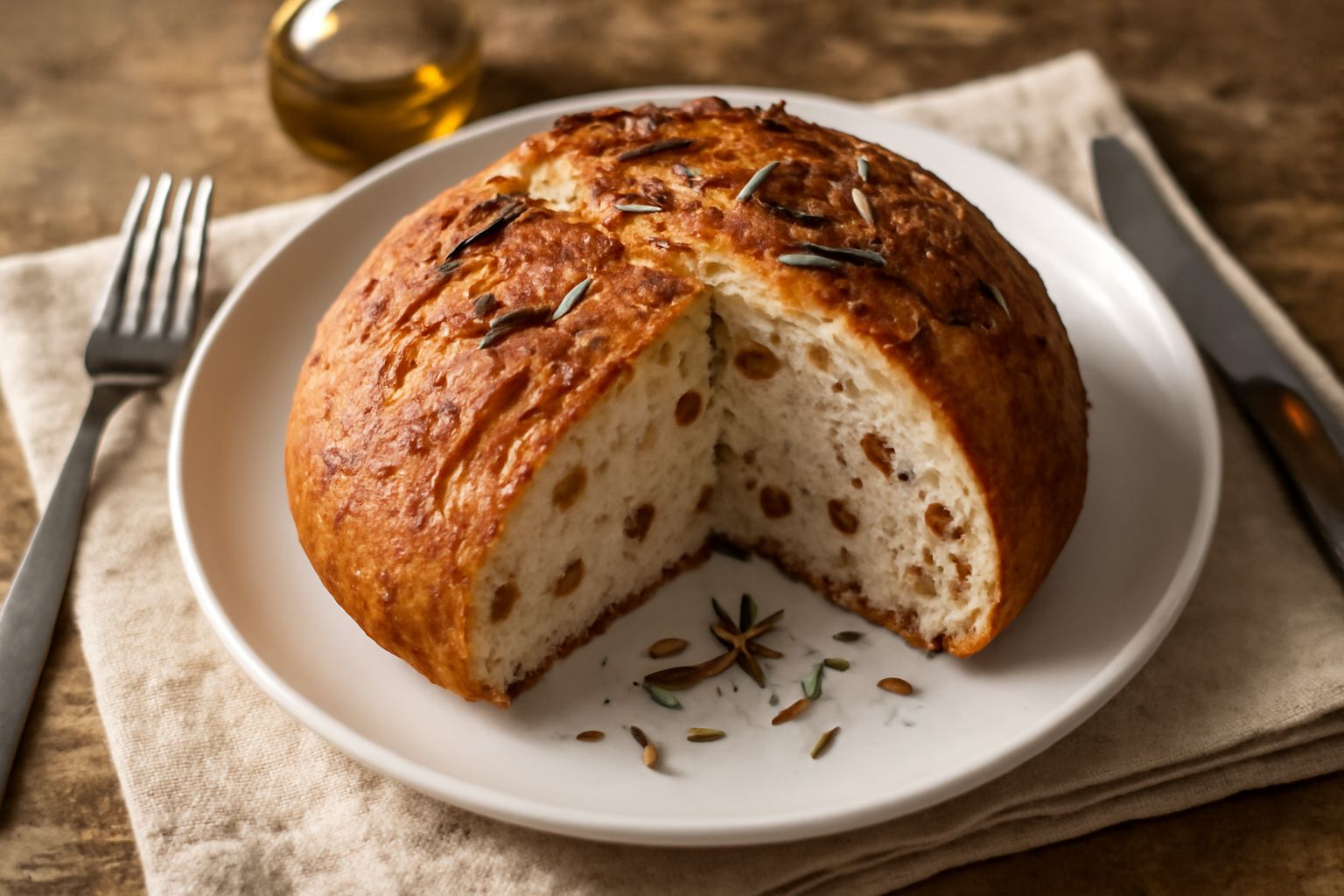 Pane fatto in casa con speck, crosta dorata e screpolata, fette tagliate che mostrano la mollica morbida bianca con pezzetti scuri di speck affumicato distribuiti uniformemente, poggiato su una tavola