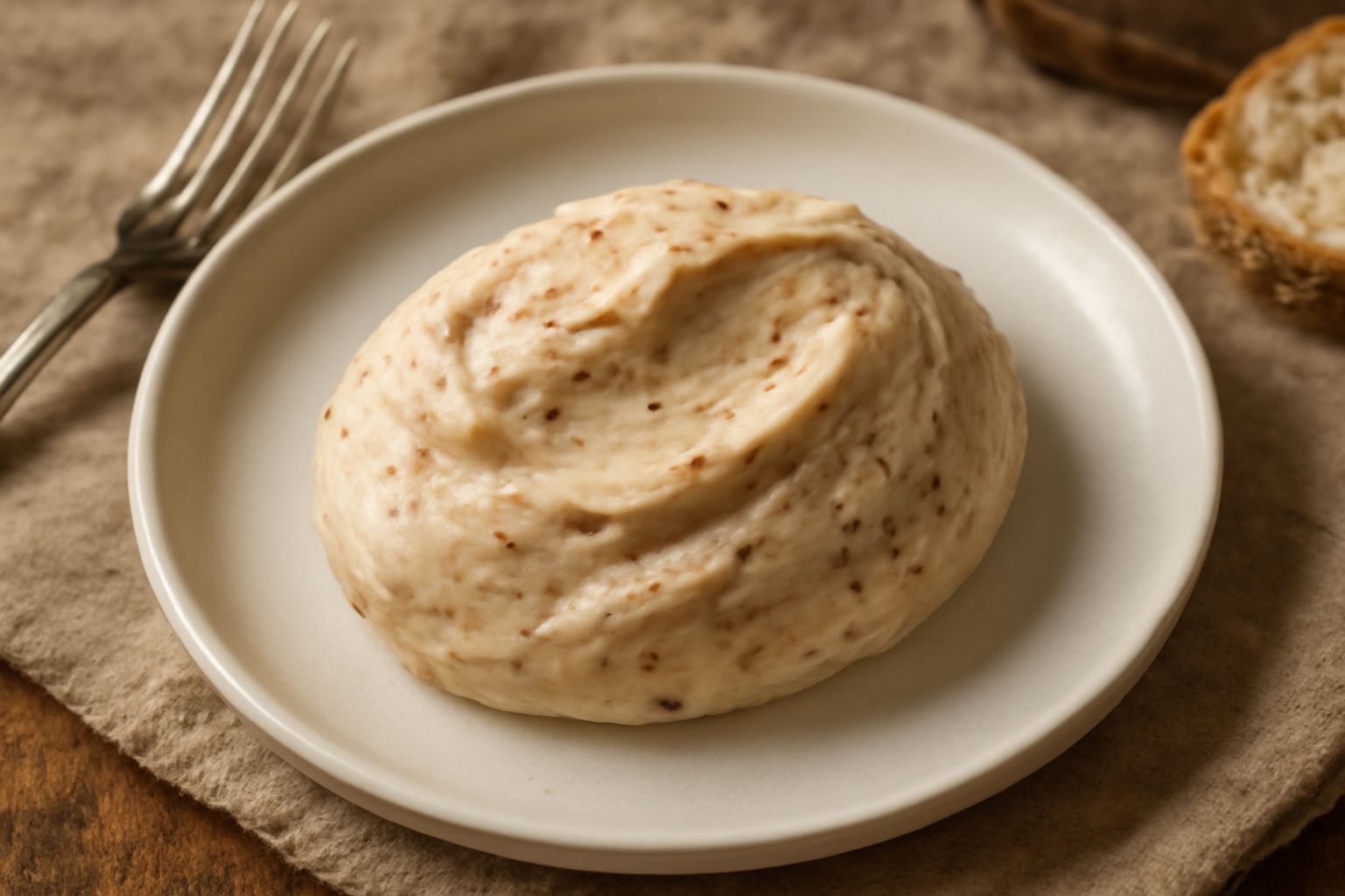 Burro color crema con venature scure di speck, modellato a cucchiaio su un piatto bianco, accanto a fette di pane tostato e erbe aromatiche sparse