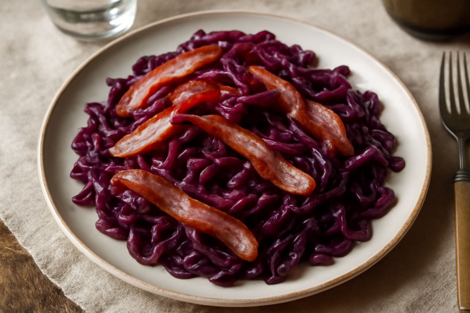 Speck croccante e cavolo rosso in padella, conditi con olio d'oliva, in piatto bianco con bordo, cipolla roxa caramellata visibile, vapore leggero