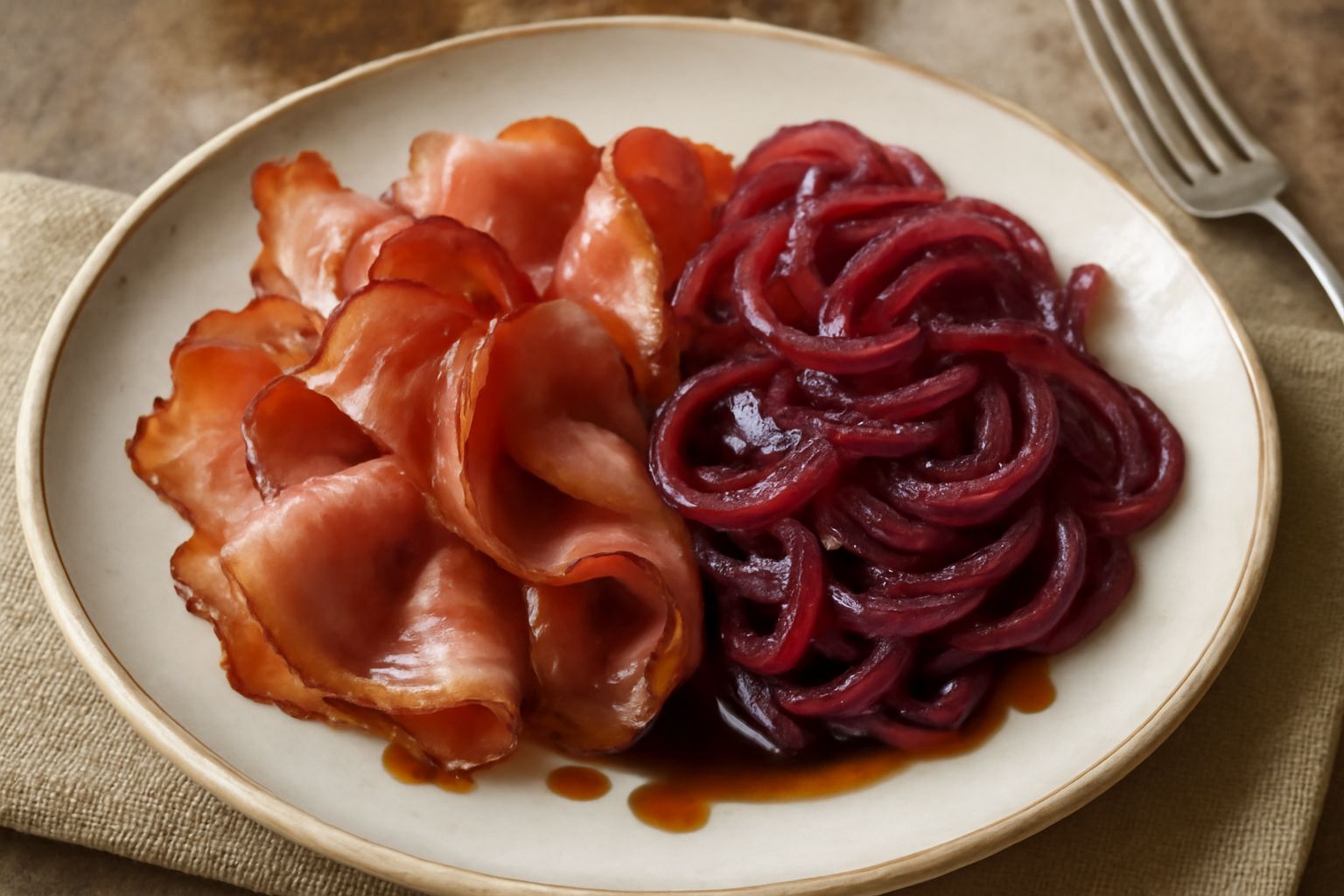 Fette di speck rosolate color marrone dorate accanto a cipolla rossa caramellata lucida e trasparente, in un piatto bianco con un coltello laterale