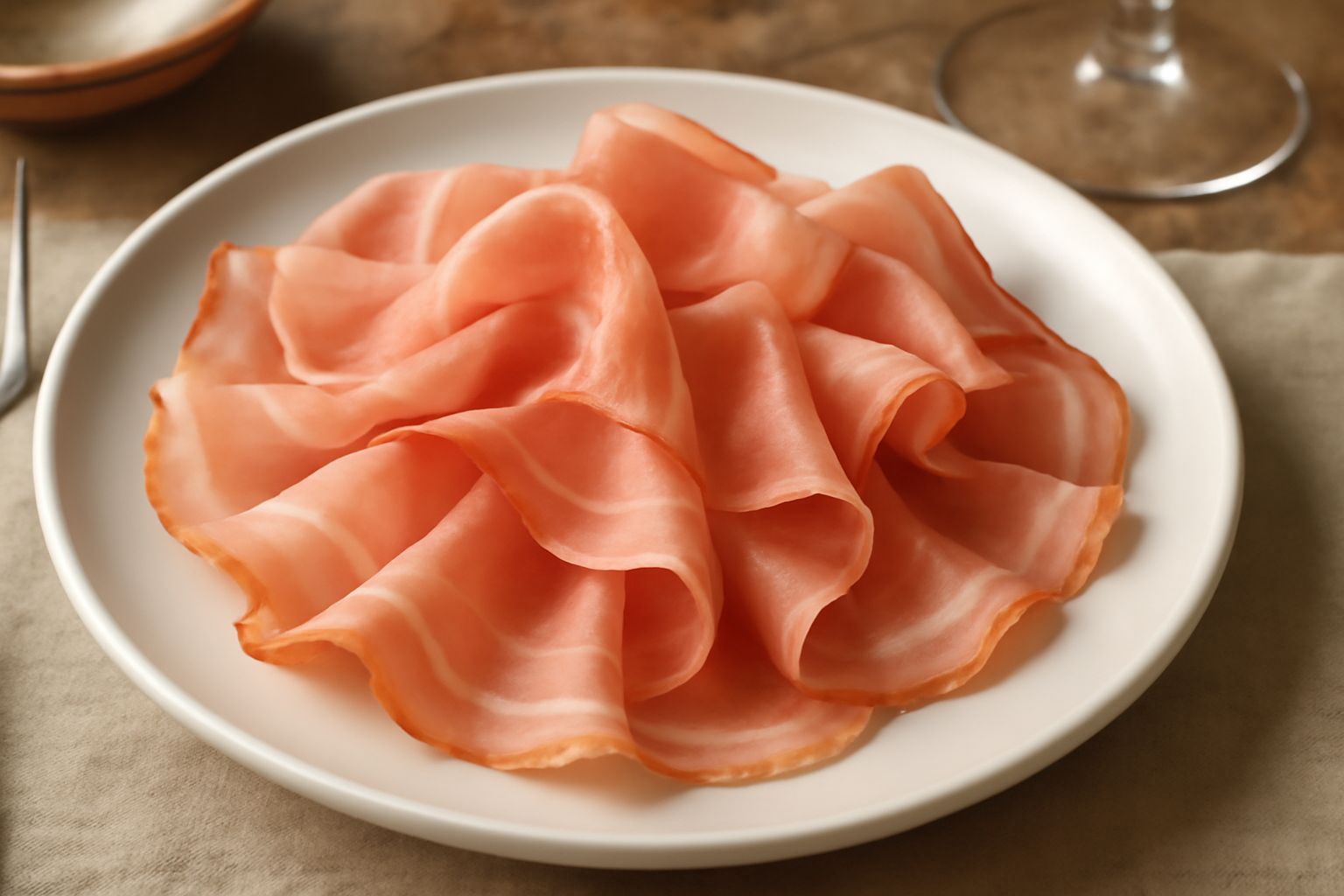 Speck rosa pallido affettato finissimo, leggermente arricciato, disposto in cerchio su piatto bianco con fette di pane tostato ai margini e rucola fresca