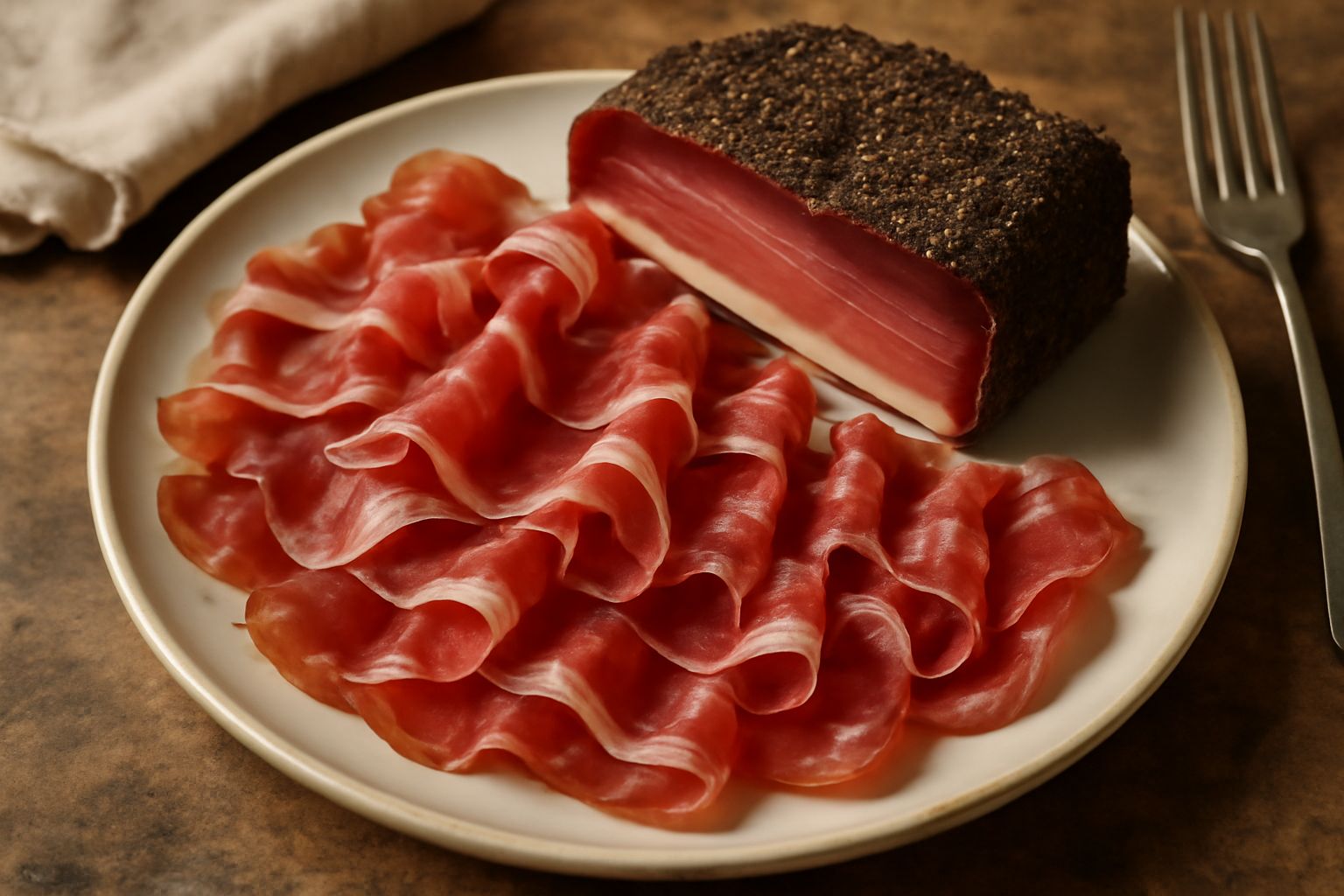 Speck d'Abruzzo intero affumicato color rosso scuro, con pepe nero visibile sulla superficie, affettato su un tagliere di legno con coltello affilato