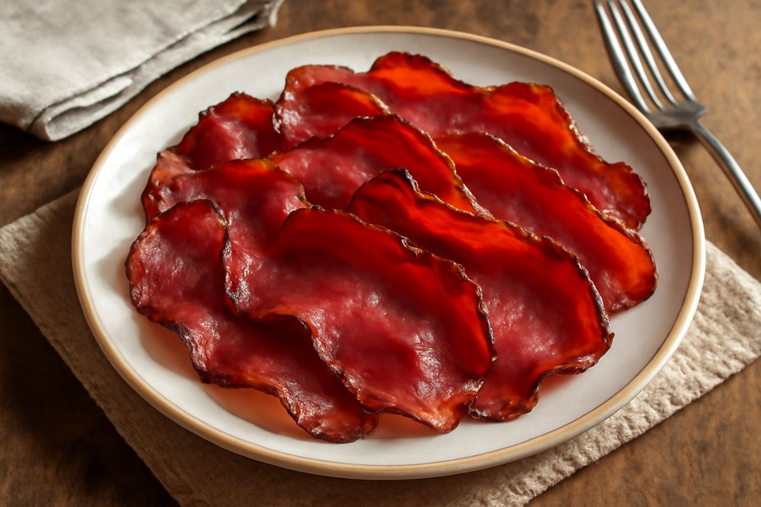 Fette di speck della Val Seriana croccante in padella, color rosso intenso con bordi dorati, servite su un piatto bianco con pane tostato di contorno