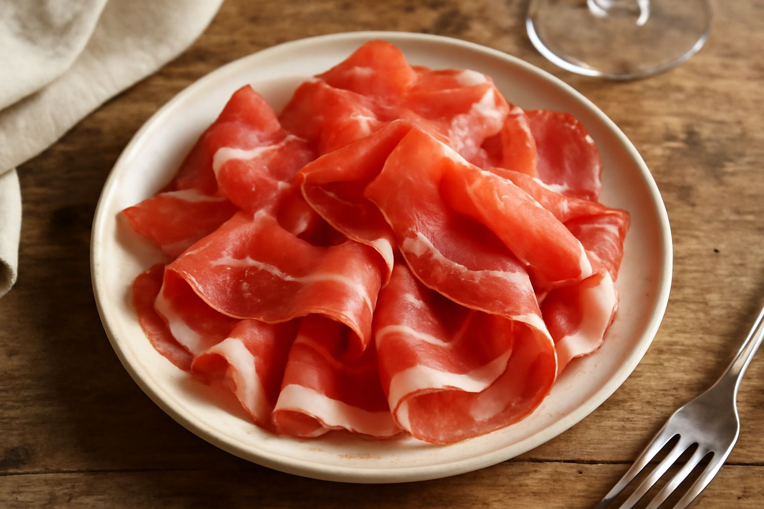 Speck della Valle Camonica affettato sottile disposto su piatto bianco, fette traslucide dal rosa-rosso intenso con striature di grasso bianco, accompagnato da pane tostato e una piccola ciotola di se