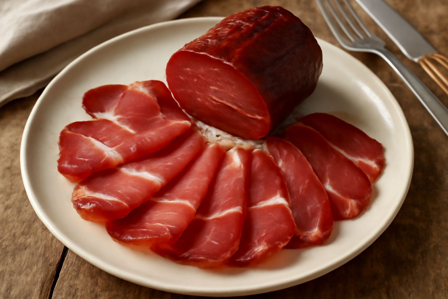 Affettato di speck dell'Alpeggio disposto a ventaglio su un piatto bianco, con colore rosso scuro e venature di grasso, accanto a pane tostato e una piccola ciotola di senape
