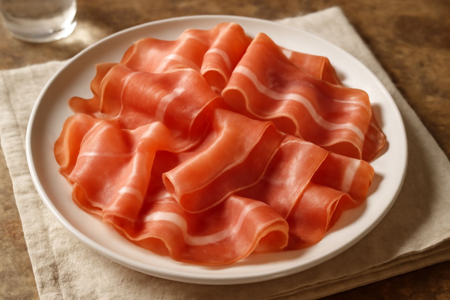 Fette di speck rosa e rosso scuro con margini bianchi di grasso, disposte a ventaglio su un piatto bianco con contorno di pane tostato