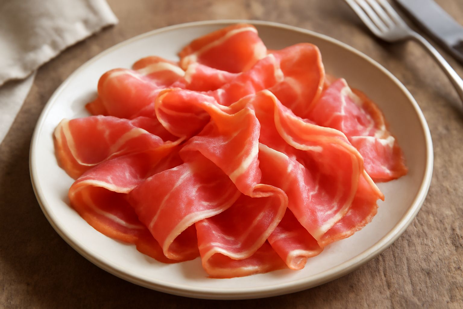 Fette sottili e trasparenti di speck di Bolzano arrotolate su un piatto bianco, con sfumature rosa acceso e bordi leggermente scuri affumicati, accompagnate da pane tostato e melone fresco