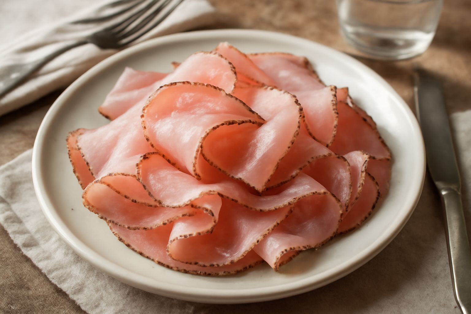 Speck di Levico affettato sottile disposto a ventaglio su un piatto bianco, fette rosate e trasparenti, con sfondo di legno naturale e una fetta di pane tostato accanto