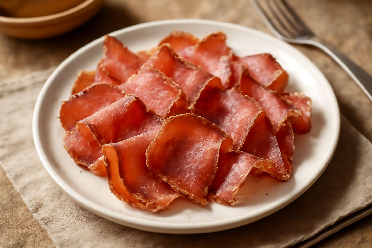 Fette sottili di speck di Merano rosso scuro con sfumature rosa chiaro, disposte a ventaglio su un piatto bianco con contorno di pane tostato e olive verdi, su tavolo di legno naturale