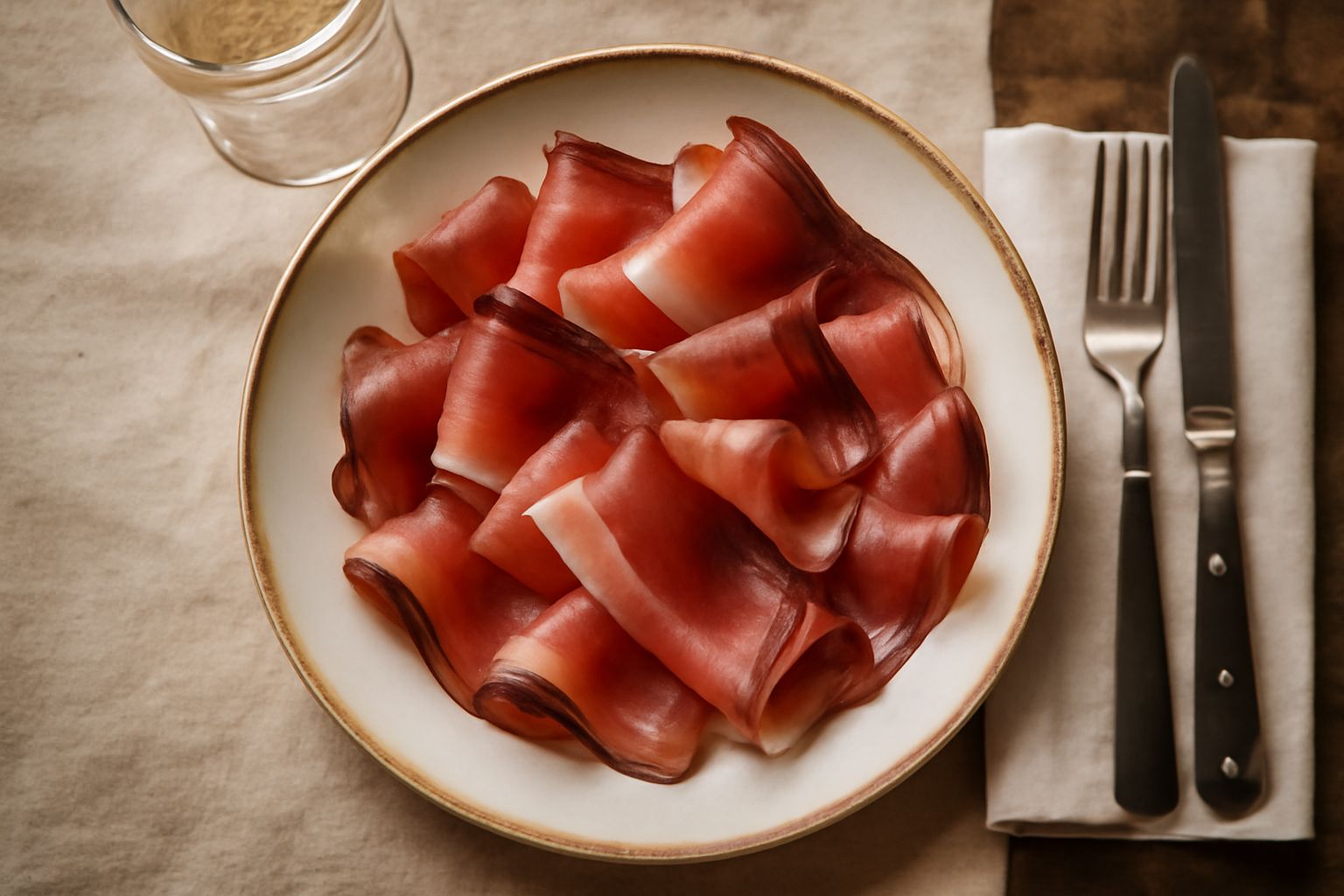 Speck di Sauris affettato sottile su un tagliere di legno chiaro, le fette rosa e rosse con striature bianche di grasso, accanto pane tostato e un bicchiere di vino bianco