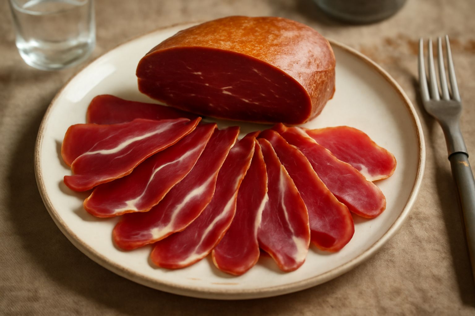 Fettine sottili di speck d'oca disposte in cerchio su un piatto bianco, colore rosso scuro e bruno con sfumature di affumicatura, bordo giallo oro del grasso