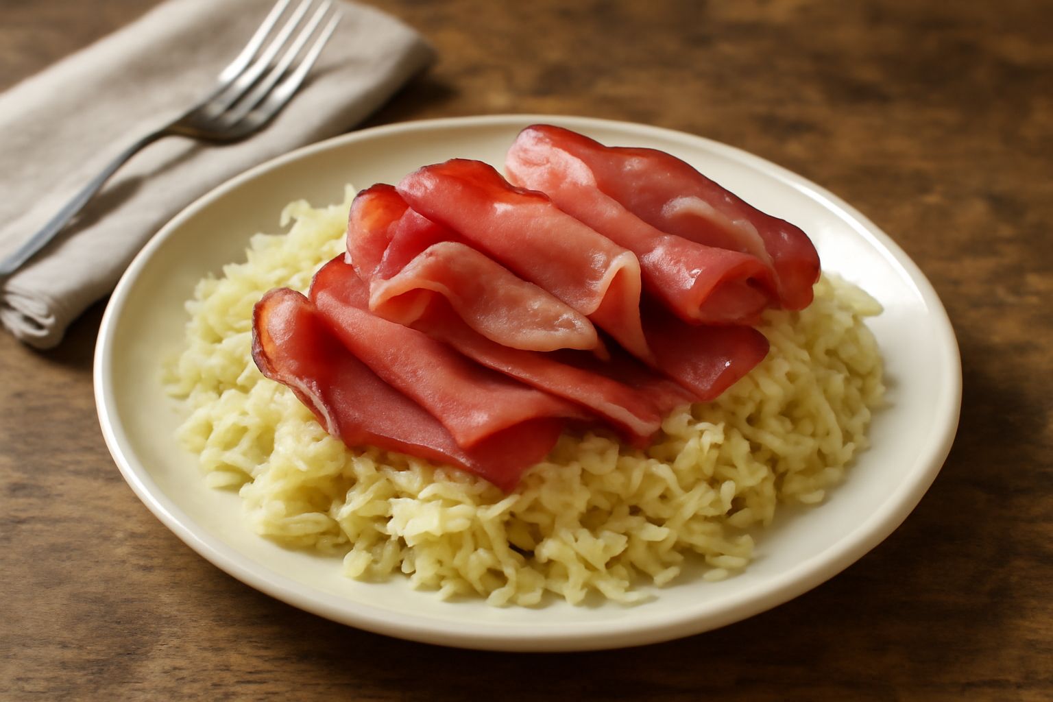 Piatto bianco con fette di speck dal colore rosa scuro leggermente arricciate, coperte parzialmente da crauti bianchi e verdi finemente tagliati, guarniti con una spolvero di pepe nero e semi di carvi