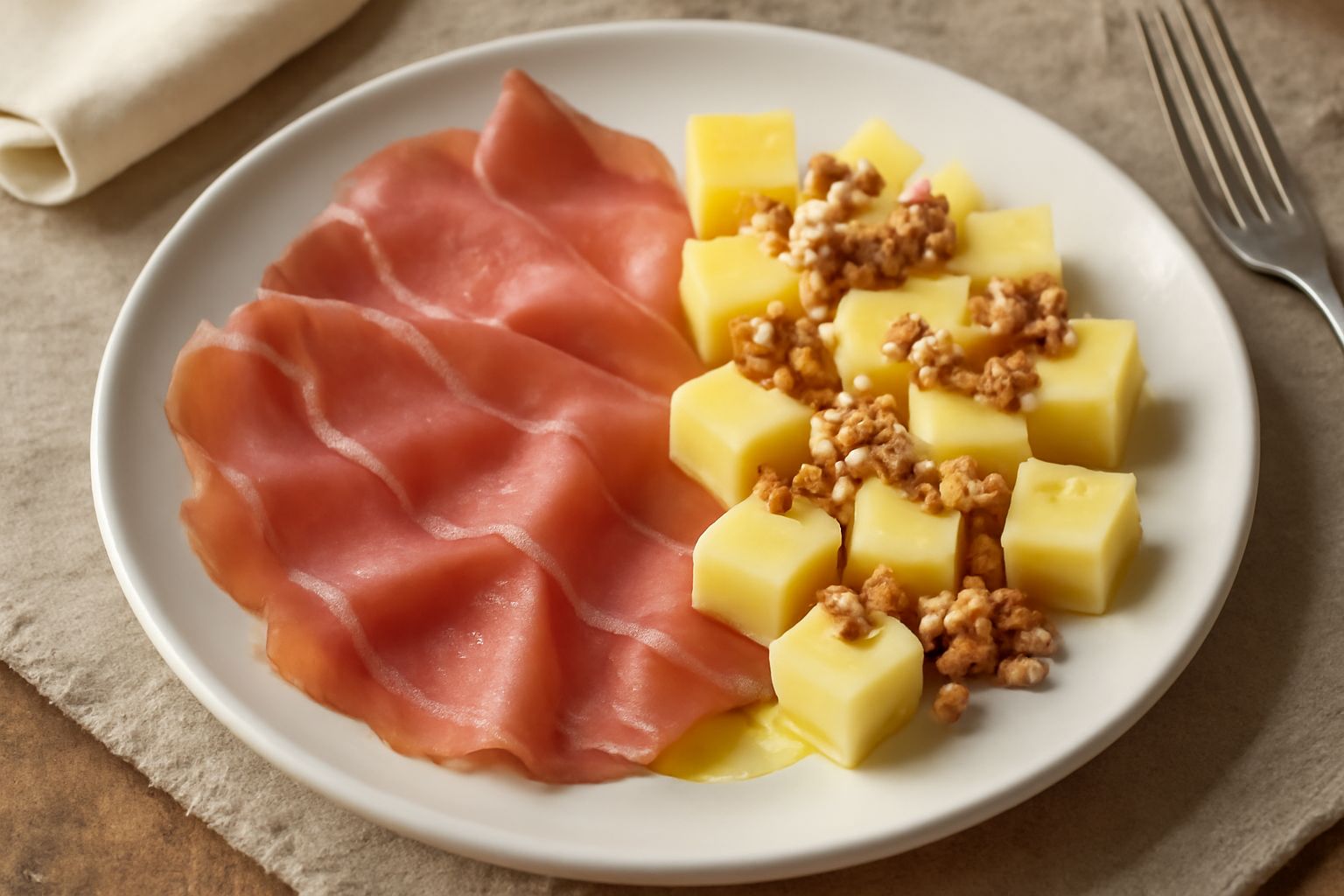 Piatto rotondo bianco con fette sottili di speck rosa e rosso, formaggio giallo cremoso tagliato a dadini, noci tostate marroni sparse, accompagnato da pane tostato e rucola fresca verde, su fondo di 