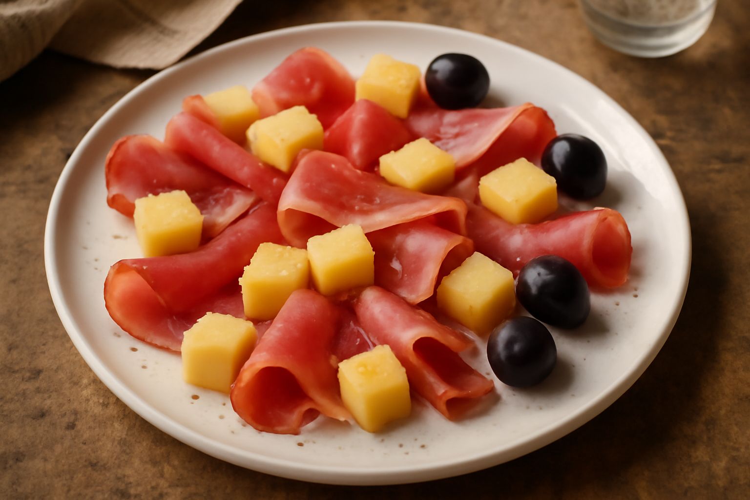 Piatto bianco con fette di speck croccante e rosato, cubetti di formaggio affumicato giallo oro, acini d'uva nera e foglia di rosmarino fresco