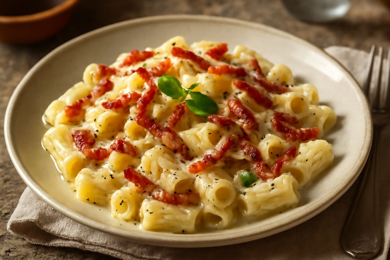 Piatto di pasta con strisce dorate di speck croccante, formaggio fuso color crema che avvolge la pasta, granello di pepe nero visibile, guarnizione di prezzemolo fresco, servita in piatto bianco fondo