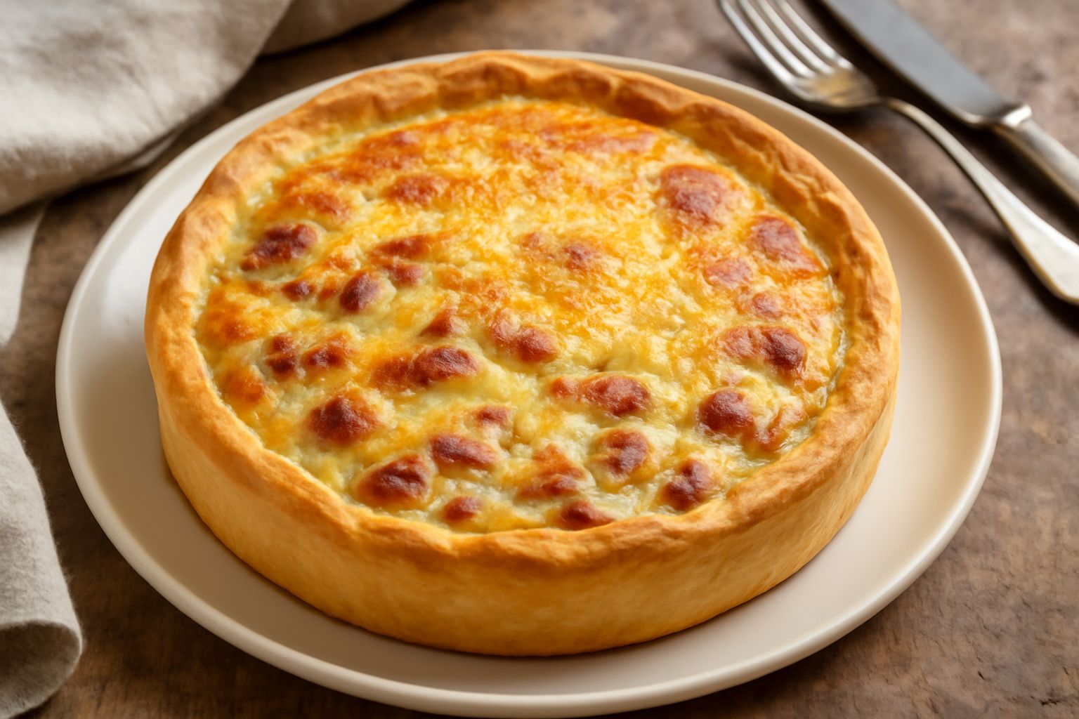 Torta quadrata di speck e formaggio tagliata in porzioni, con superficie dorata e leggermente gonfia, scaglie di formaggio grattugiato sulla cima, base di pasta salata croccante, servita in piatto bia