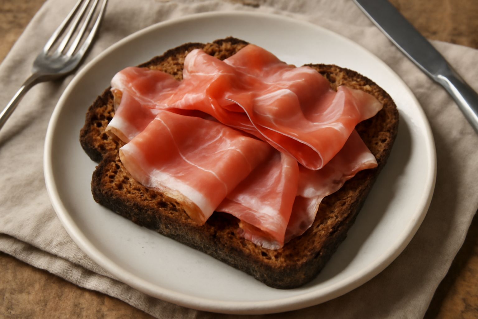 Fette di pane di segale tostato con sopra strisce sottili di speck rosato affumicato, foglie di rucola fresca accanto, su un tagliere di legno chiaro