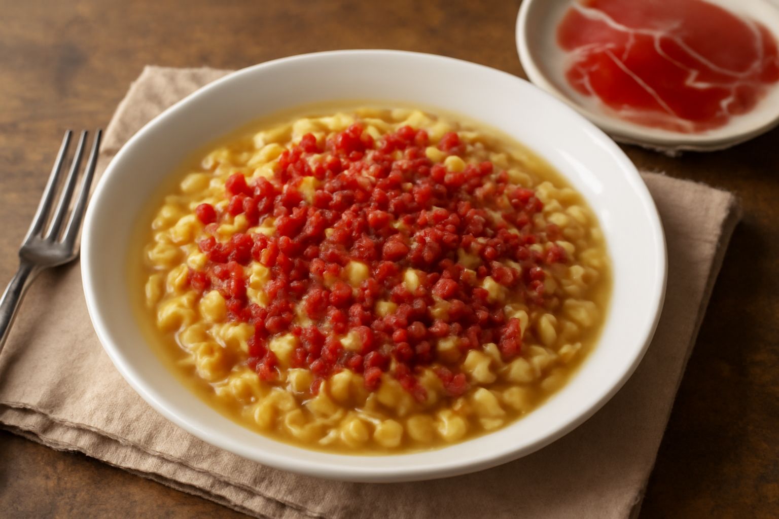 Affettato finissimo di speck emiliano color rosa carico, leggermente arricciato, poggiato su un piatto bianco accanto a una piccola porzione di pasta senza condimento e alcuni pomodori ciliegini fresc