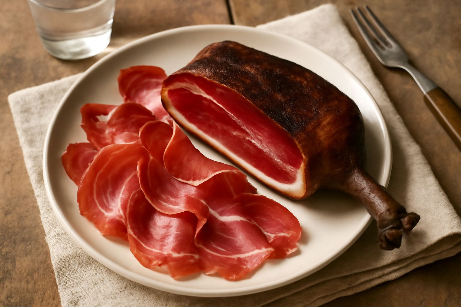Speck friulano intero con zampa, crosta brunita e affumicata, affettato in sottili fette traslucide di carne rosso scuro con venature di grasso bianco, su tavola di legno con pane tostato