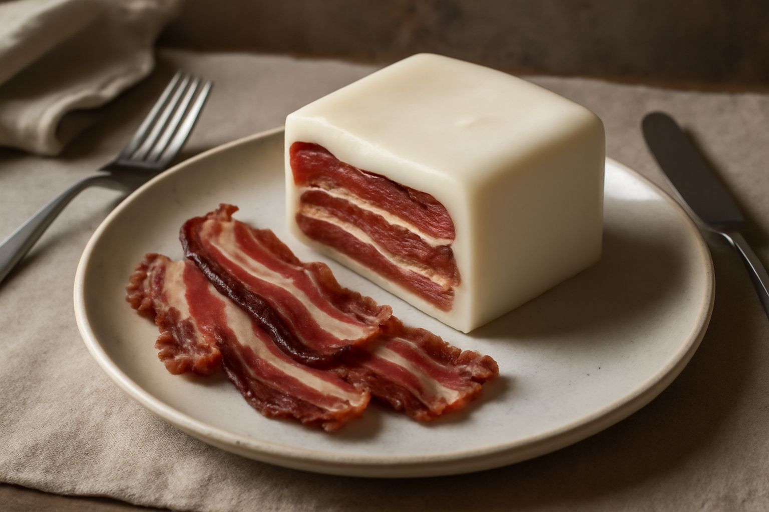 Fette di speck affumicato rosa e rosse coperte da uno strato di grasso bianco e translucido in una ciotola di vetro, vista dall'alto