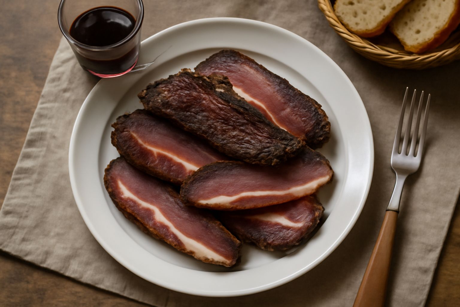 Fette di speck irpino affumicato color mogano su un tagliere di legno, con la superficie lucida e le venature di grasso distribuite uniformemente