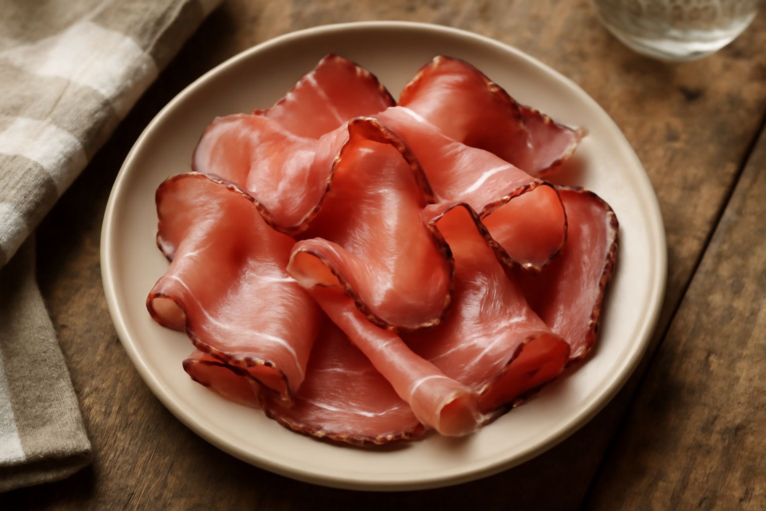 Fette sottili di speck locale rosa scuro e affumicate, arrotolate su un piatto bianco con accanto melone fresco e pane tostato
