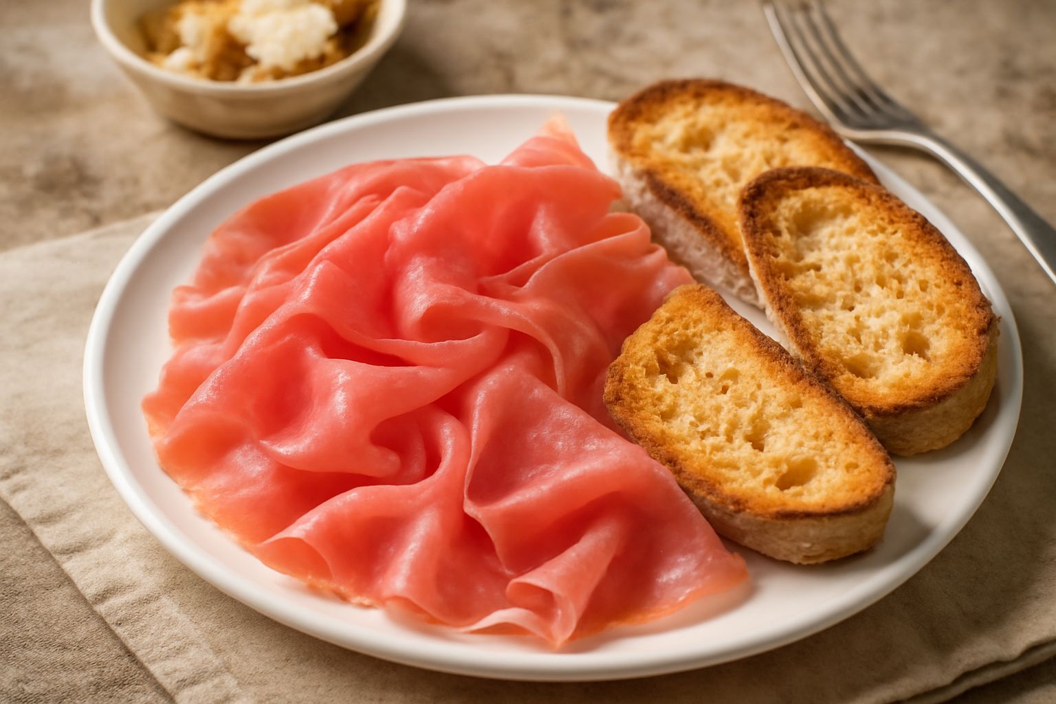 Speck mantovano affettato sottile disposto a ventaglio su un piatto bianco, con accanto pane integrale tostato e rucola fresca; colore rosato intenso della carne salata.