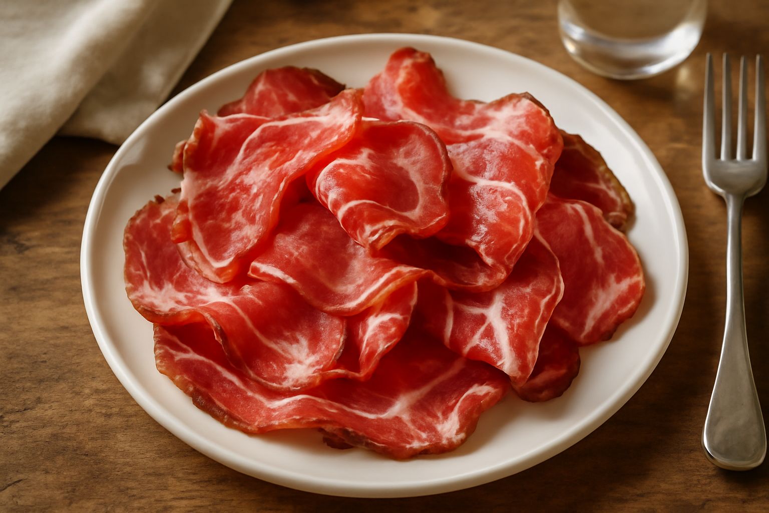 Speck molisano affettato sottile disposto su un piatto di ceramica bianca, con colore rosso scuro e marezzatura grassa, accompagnato da pane tostato e una piccola ciotola di pepe macinato