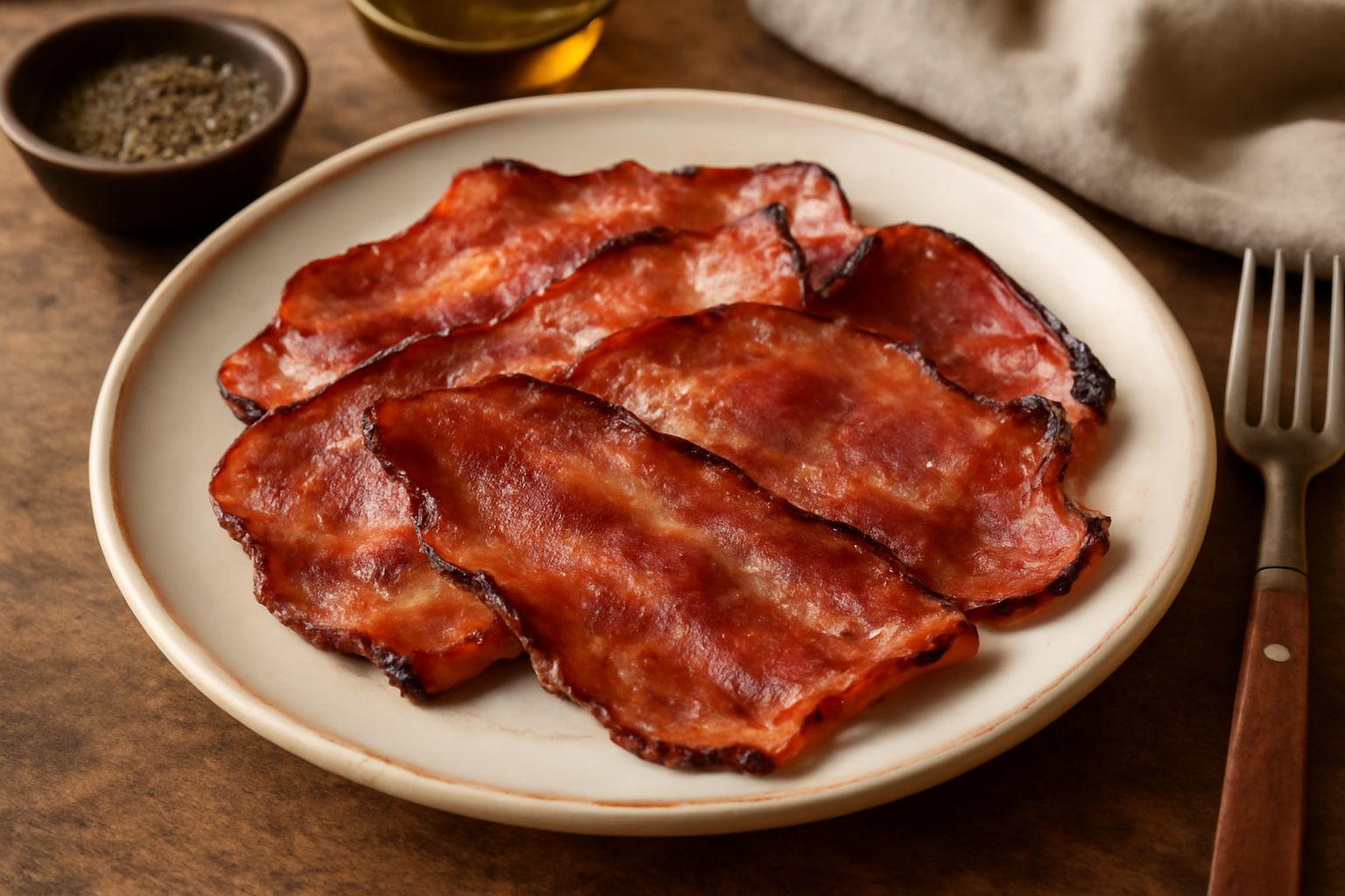 Fette di speck salernitano croccanti e dorate in una padella di ferro scuro, con il fumo che sale, accompagnate da pane tostato su un piatto bianco